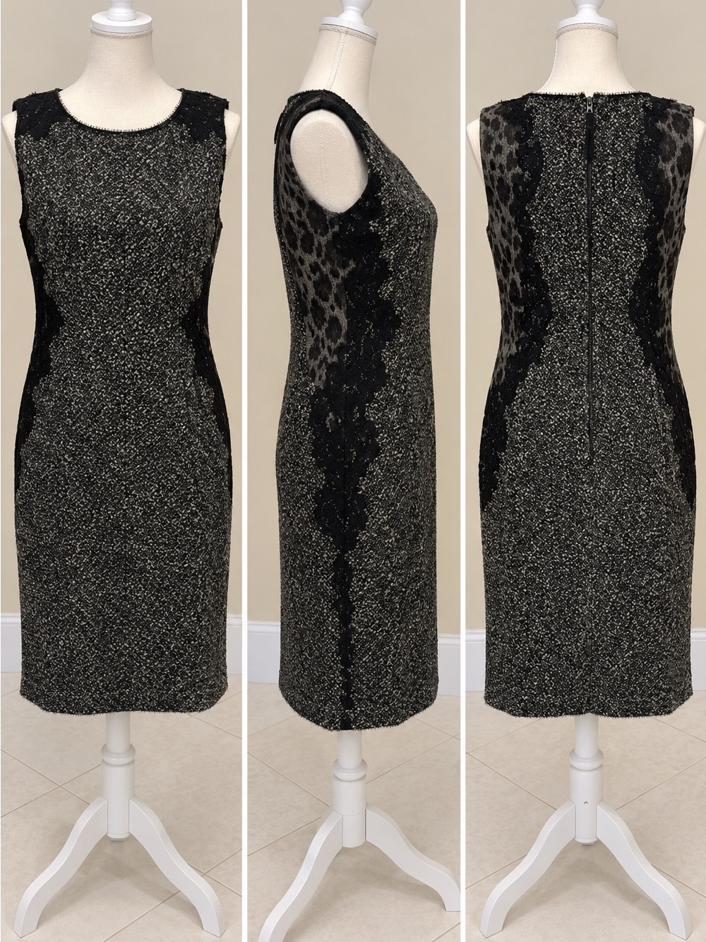 Elie Tahari Black Gray Tweed Lace Sheath Dress Size 12